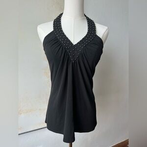 Vintage Y2k Spense Elegant Black Halter Top with Studded Detail Backless